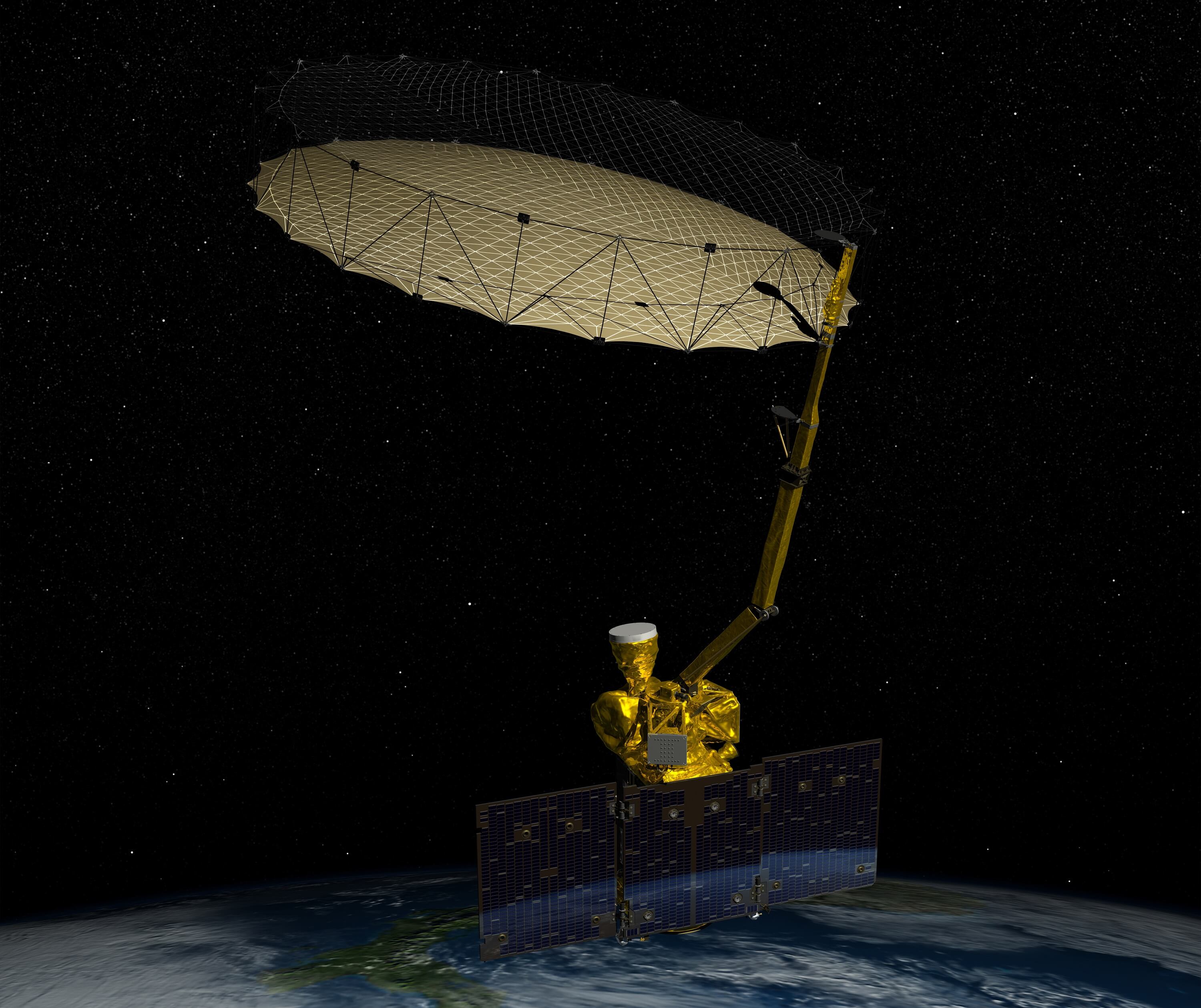 NASA SMAP satellite in orbit above Earth, showing its large mesh antenna